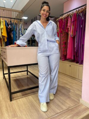 Calça Reta Tricoline Listrada Alls