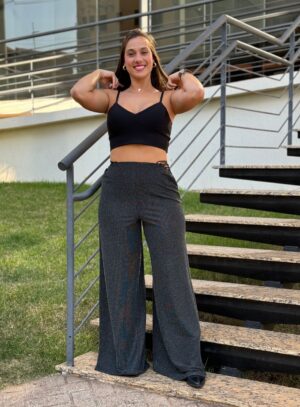 Calça Pantalona Cut Out Amarracao Lurex Prata - Imagem 2