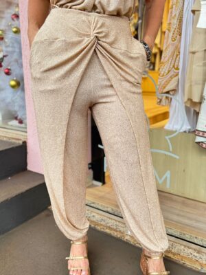 Calça Cos Tranpassado Brilho Disco Dourado